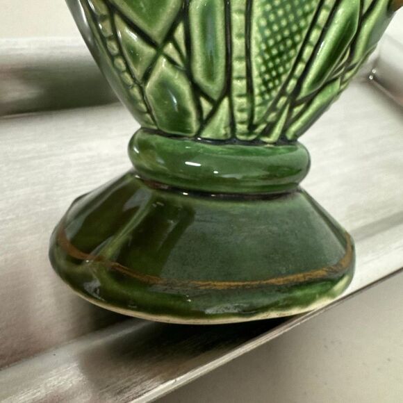 Vintage Ucagco Carved Vase Green Ceramic Decorative Art Deco Design Unique Decor - Picture 7 of 13
